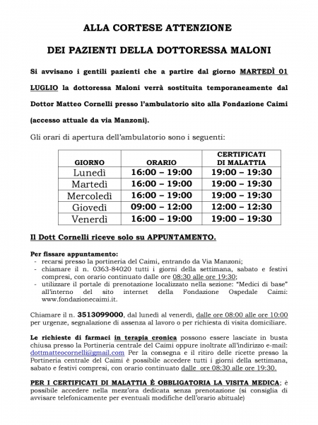 ALLA CORTESE DEI PAZIENTI DELLA DOTT.SSA MALONI