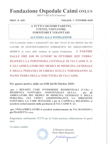 AVVISO ALL'UTENZA PER RI-APERTURA PORTINERIA DI VIA CAIMI-OTTOBRE 2025
