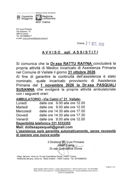 AVVISO ASSISTITI DR.SSA RATTU RAIYNA