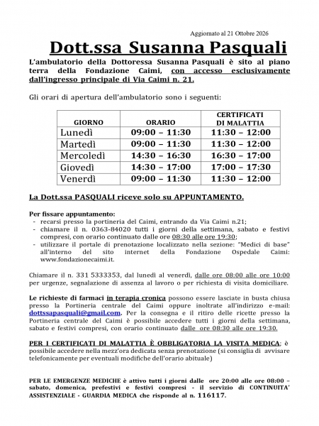 ORARI DOTT.SSA SUSANNA PASQUALI