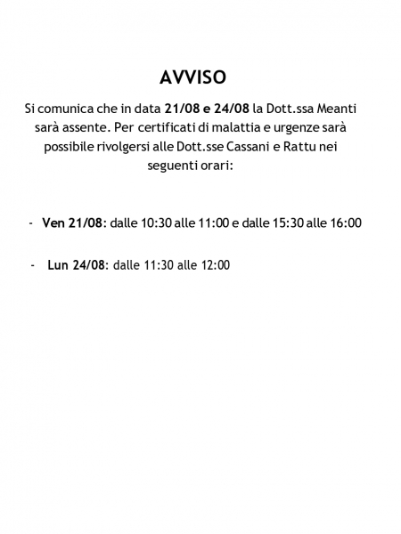AVVISO ASSENZA DOTT.SSA MEANTI DAL 21 AGOSTO AL 24 AGOSTO