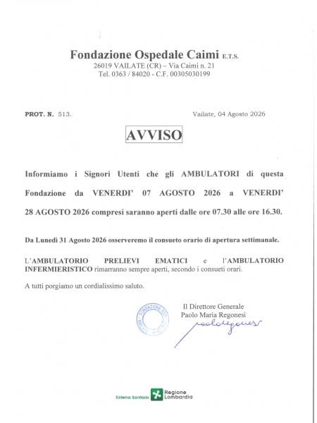 APERTURA AMBULATORI MESE DI AGOSTO 2026