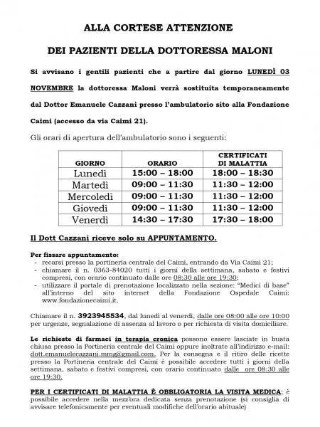 ALLA CORTESE ATTENZIONE DEI PAZIENTI DR.SSA MALONI