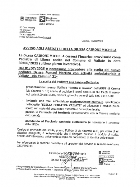 AVVISO AGLI ASSITITI DELLA DR.SSA CAIRONI MICHELA