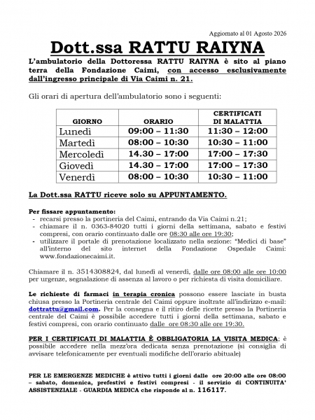 ORARI DOTT.SSA RATTU RAIYNA DAL 01 AGOSTO 2026