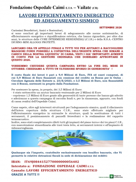 LAVORI EFFICIENTAMENTO ENERGETICO ED ADEGUAMENTO SISMICO SETTEMBRE 2026
