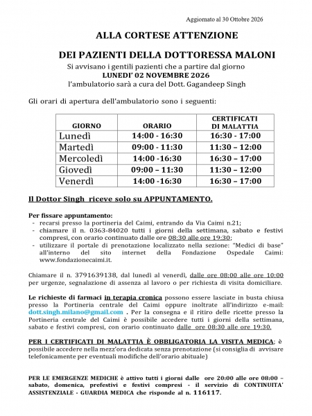 ALLA CORTESE ATTENZIONE DEI PAZIENTI DR.SSA MALONI 30102026
