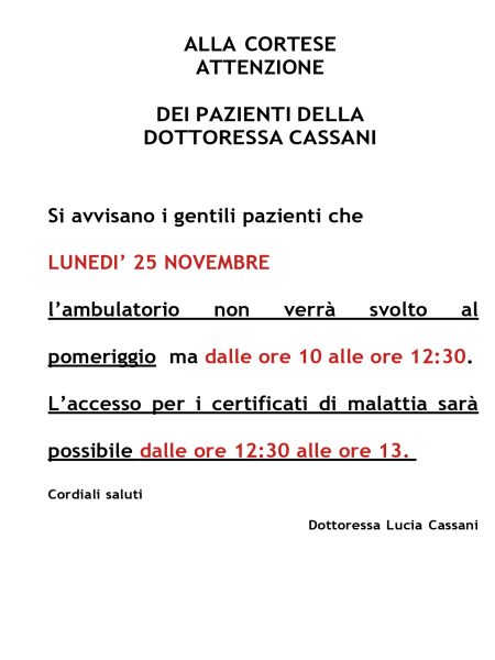 COMUNICAZION PAZIENTI DOTT.SSA CASSANI 25 NOVEMBRE