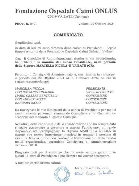 COMUNICATO PROT. N. 847